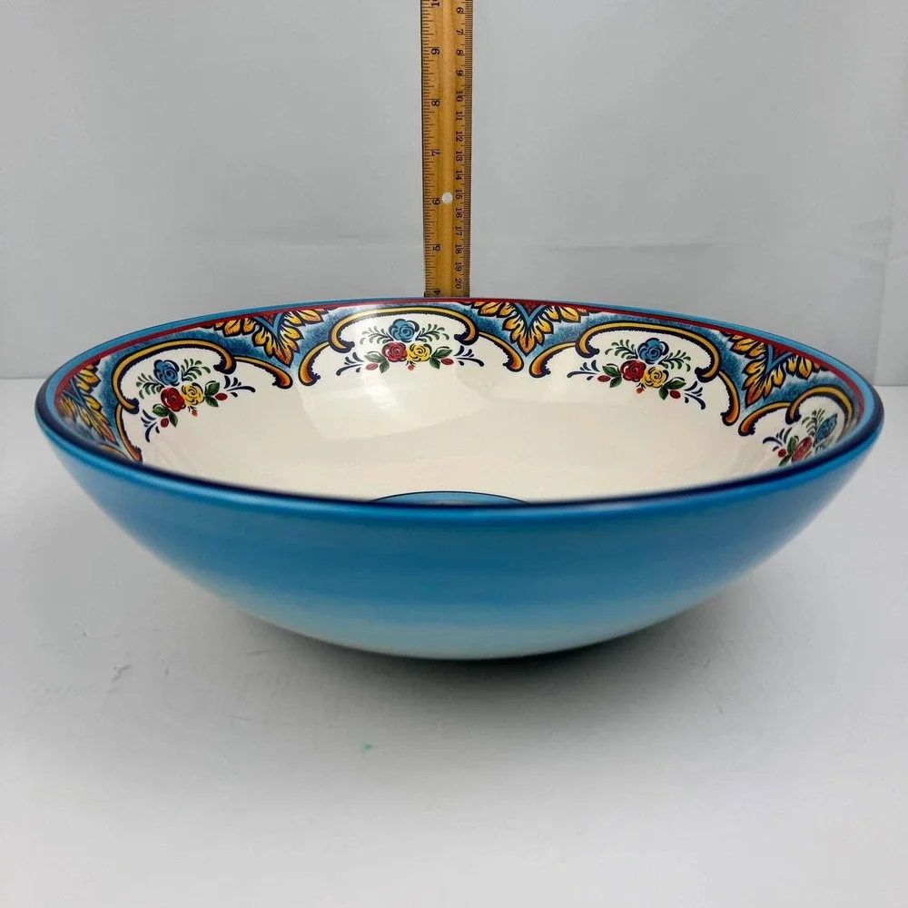 Euro Ceramica Zanzibar 5 Piece Pasta Bowl Set Blue Floral Spanish Design Ceramic